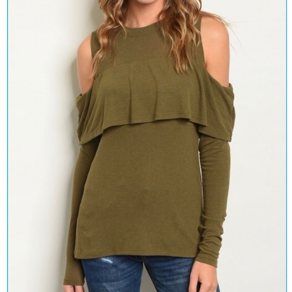 haden la Tops - Green Cold Shoulder Long Sleeve Ruffle Top Olive